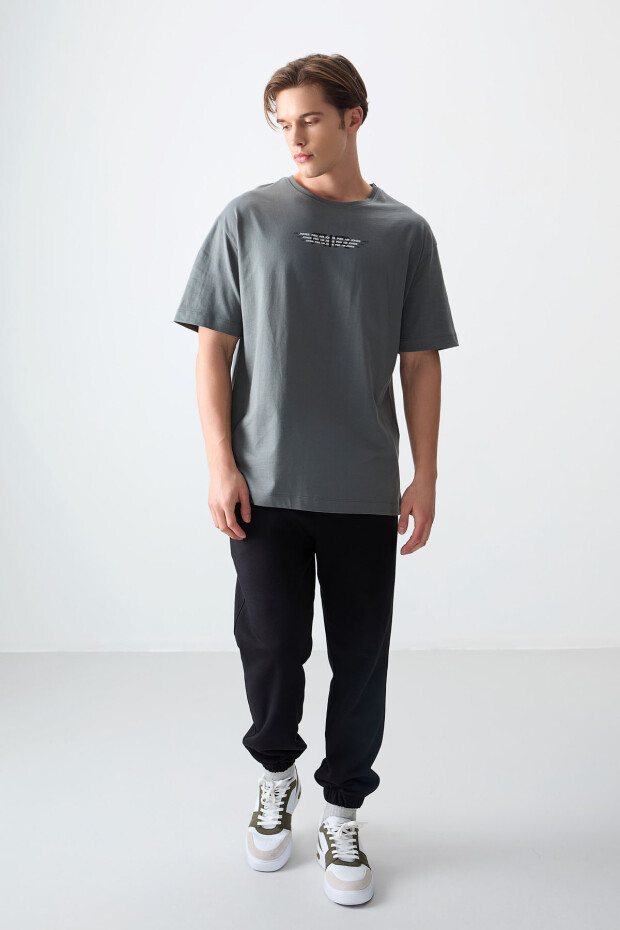 Haki %100 Pamuk Kalın Yumuşak Dokulu Oversize Fit Baskılı Erkek T-Shirt - 88356 - 4