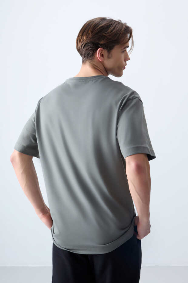 Haki %100 Pamuk Kalın Yumuşak Dokulu Oversize Fit Baskılı Erkek T-Shirt - 88356 - 5