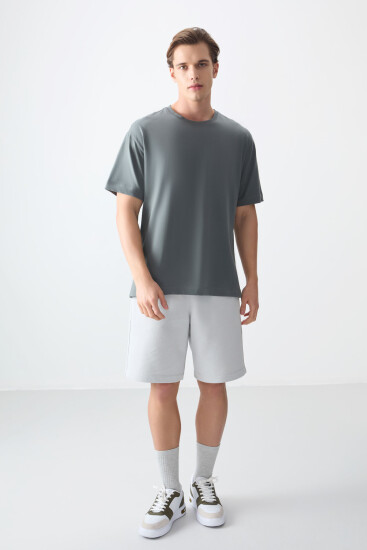 Haki %100 Pamuk Kalın Yumuşak Dokulu Oversize Fit Basic Erkek T-Shirt - 88353 - Air Jones (1)