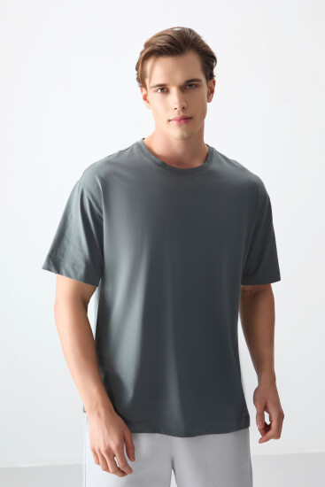 Haki %100 Pamuk Kalın Yumuşak Dokulu Oversize Fit Basic Erkek T-Shirt - 88353 - Air Jones (1)