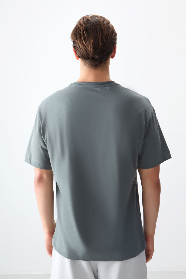 Haki %100 Pamuk Kalın Yumuşak Dokulu Oversize Fit Basic Erkek T-Shirt - 88353 - 6