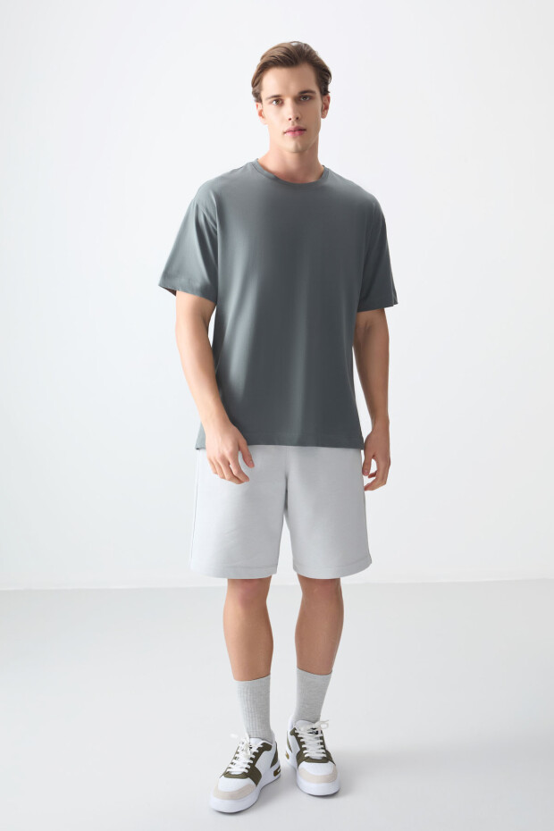 Haki %100 Pamuk Kalın Yumuşak Dokulu Oversize Fit Basic Erkek T-Shirt - 88353 - 3