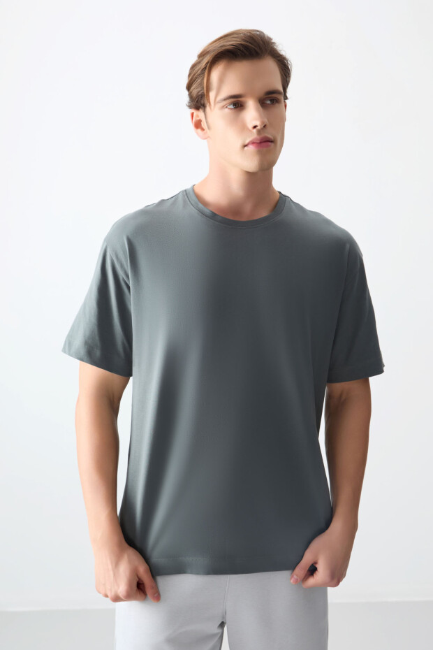 Haki %100 Pamuk Kalın Yumuşak Dokulu Oversize Fit Basic Erkek T-Shirt - 88353 - 5