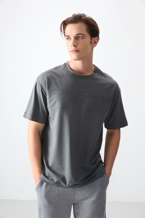 Haki Pamuklu Kalın Yumuşak Dokulu Oversize Fit Basic Erkek T-Shirt - 88378