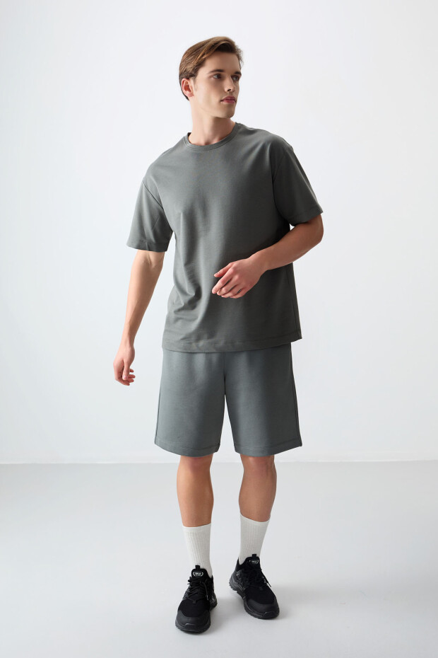 Haki Pamuklu Kalın Yumuşak Dokulu Oversize Fit Basic Erkek T-Shirt - 88377