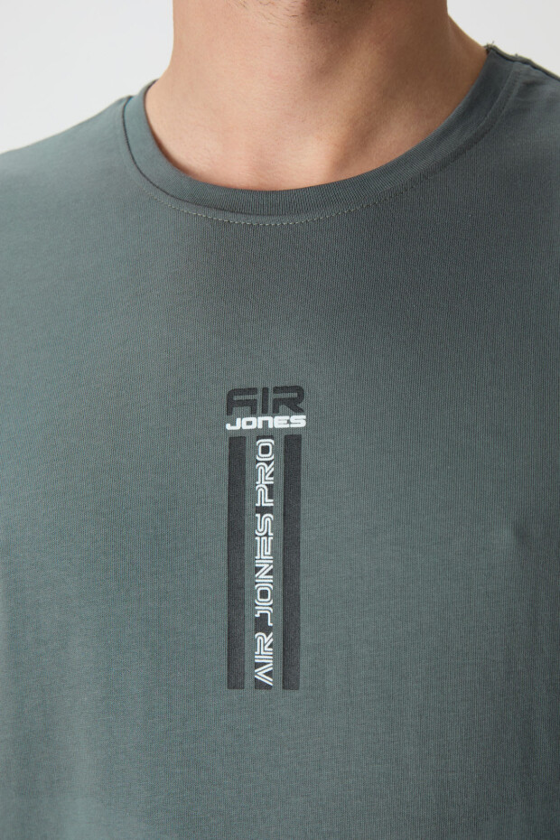 Haki %100 Pamuk Kalın Yumuşak Dokulu Oversize Fit Baskılı Erkek T-Shirt - 88360 - 3