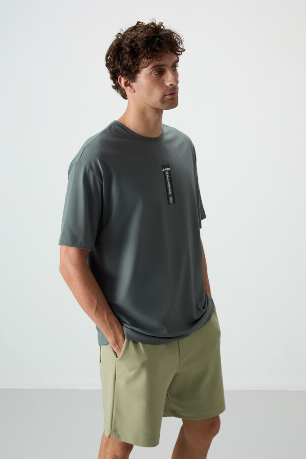 Haki %100 Pamuk Kalın Yumuşak Dokulu Oversize Fit Baskılı Erkek T-Shirt - 88360 - 4