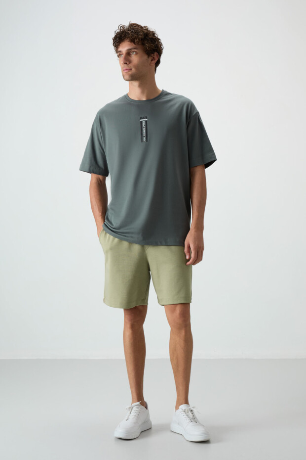 Haki %100 Pamuk Kalın Yumuşak Dokulu Oversize Fit Baskılı Erkek T-Shirt - 88360 - 2