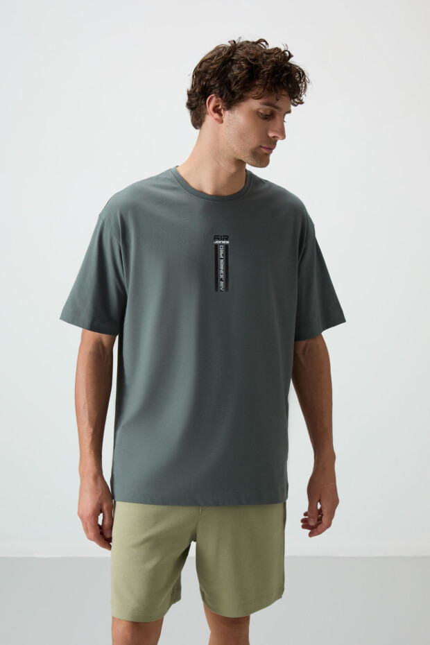 Haki %100 Pamuk Kalın Yumuşak Dokulu Oversize Fit Baskılı Erkek T-Shirt - 88360