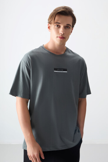 Haki %100 Pamuk Kalın Yumuşak Dokulu Oversize Fit Baskılı Erkek T-Shirt - 88359 