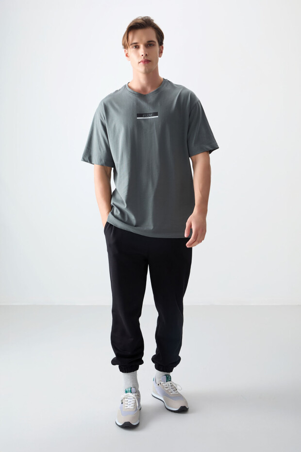 Haki %100 Pamuk Kalın Yumuşak Dokulu Oversize Fit Baskılı Erkek T-Shirt - 88359 - 4