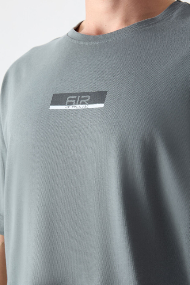 Haki %100 Pamuk Kalın Yumuşak Dokulu Oversize Fit Baskılı Erkek T-Shirt - 88359 - 3