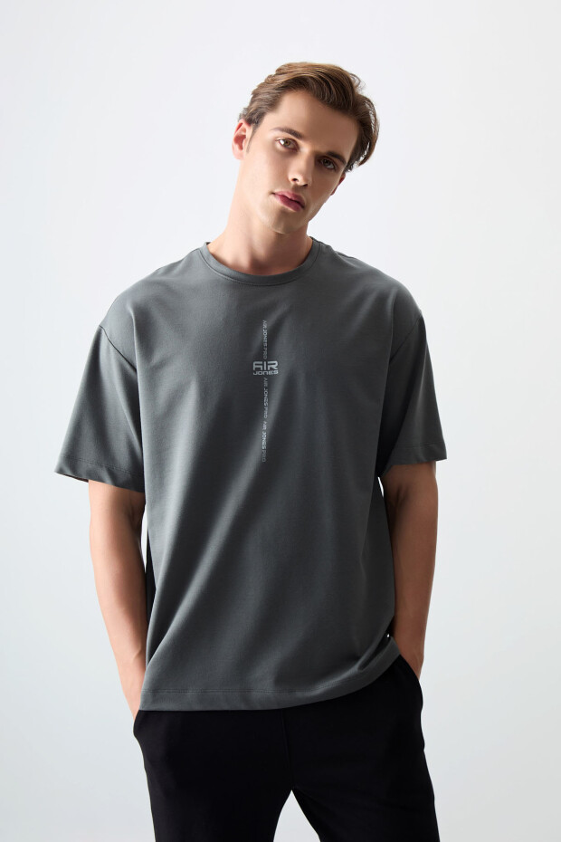 Haki Pamuklu Kalın Yumuşak Dokulu Oversize Fit Baskılı Erkek T-Shirt - 88373 - 4