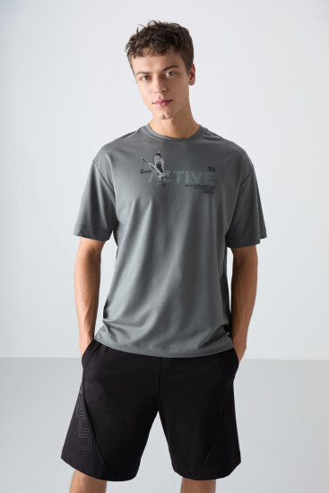 Haki Pamuklu Kalın Yumuşak Dokulu Oversize Fit Baskılı Erkek T-Shirt - 88344 
