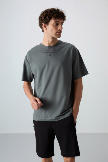 Haki Pamuklu Kalın Yumuşak Dokulu Oversize Fit Baskılı Erkek T-Shirt - 88343 