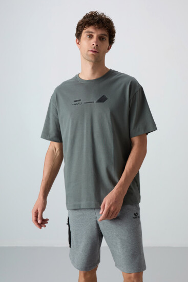 Haki Pamuklu Kalın Yumuşak Dokulu Oversize Fit Baskılı Erkek T-Shirt - 88330 