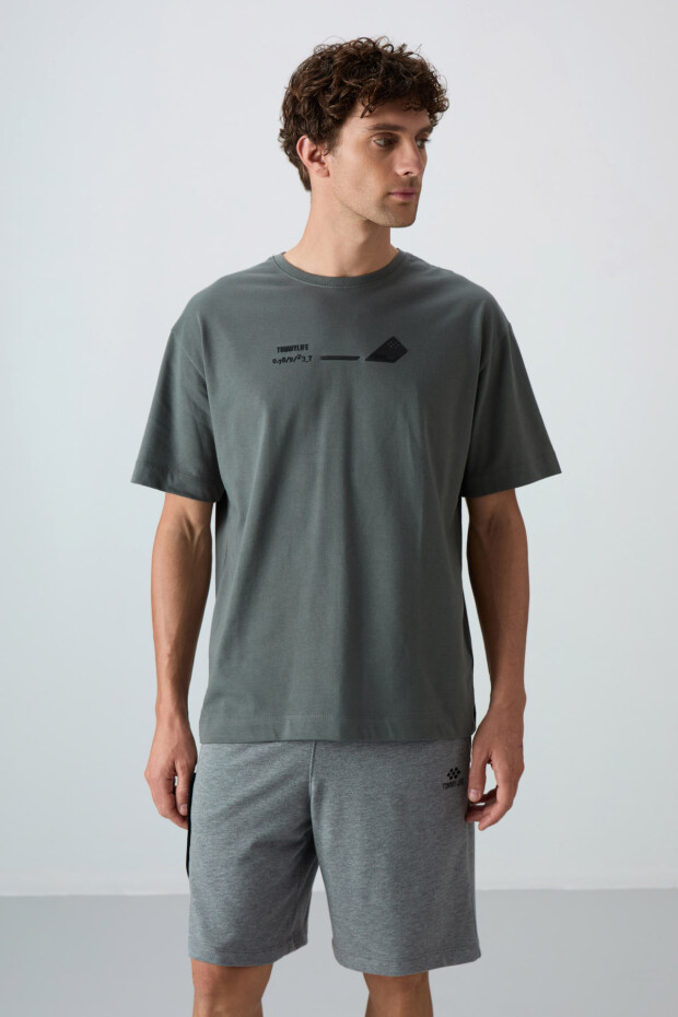 Haki Pamuklu Kalın Yumuşak Dokulu Oversize Fit Baskılı Erkek T-Shirt - 88330 - 4