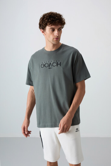 Haki Pamuklu Kalın Yumuşak Dokulu Oversize Fit Baskılı Erkek T-Shirt - 88329 