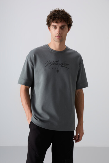Haki Pamuklu Kalın Yumuşak Dokulu Oversize Fit Baskılı Erkek T-Shirt - 88320 