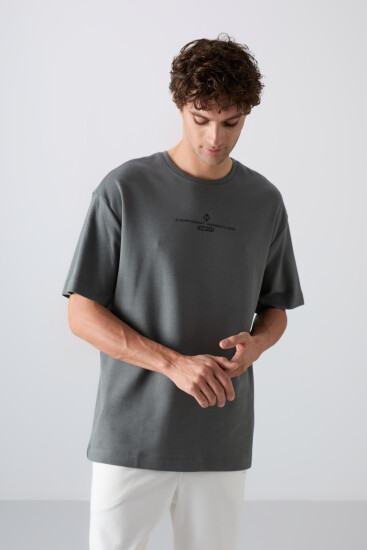 Haki Pamuklu Kalın Yumuşak Dokulu Oversize Fit Baskılı Erkek T-Shirt - 88321 