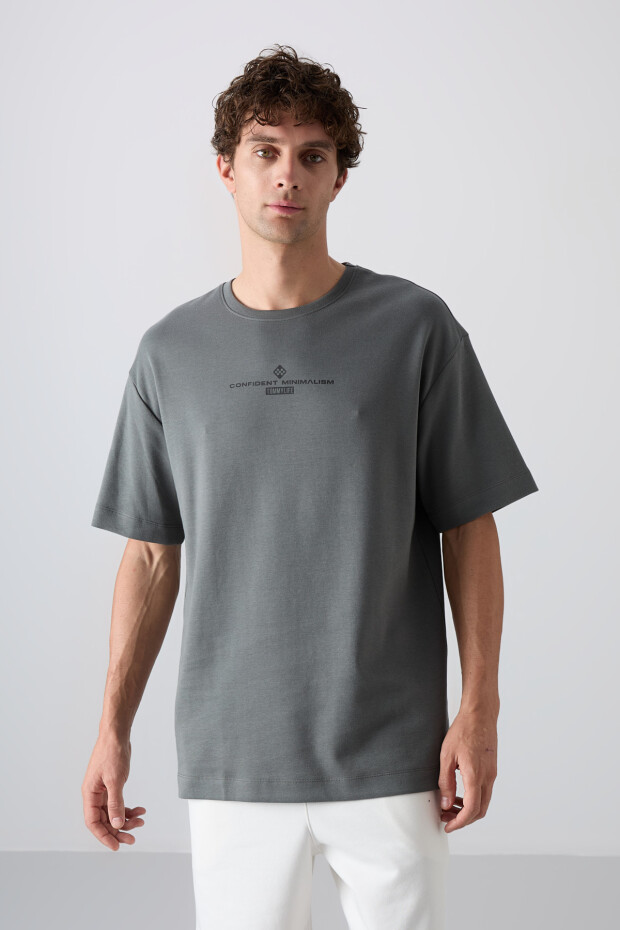Haki Pamuklu Kalın Yumuşak Dokulu Oversize Fit Baskılı Erkek T-Shirt - 88321