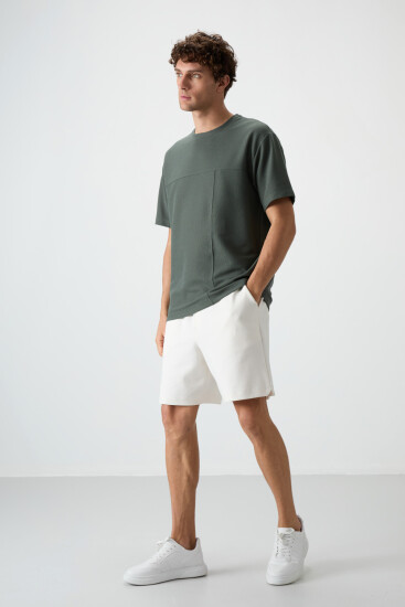 Haki Waffle İnterlok Yüzeyi Dokulu Oversize Fit Basic Erkek T-Shirt - 88380 - Air Jones (1)