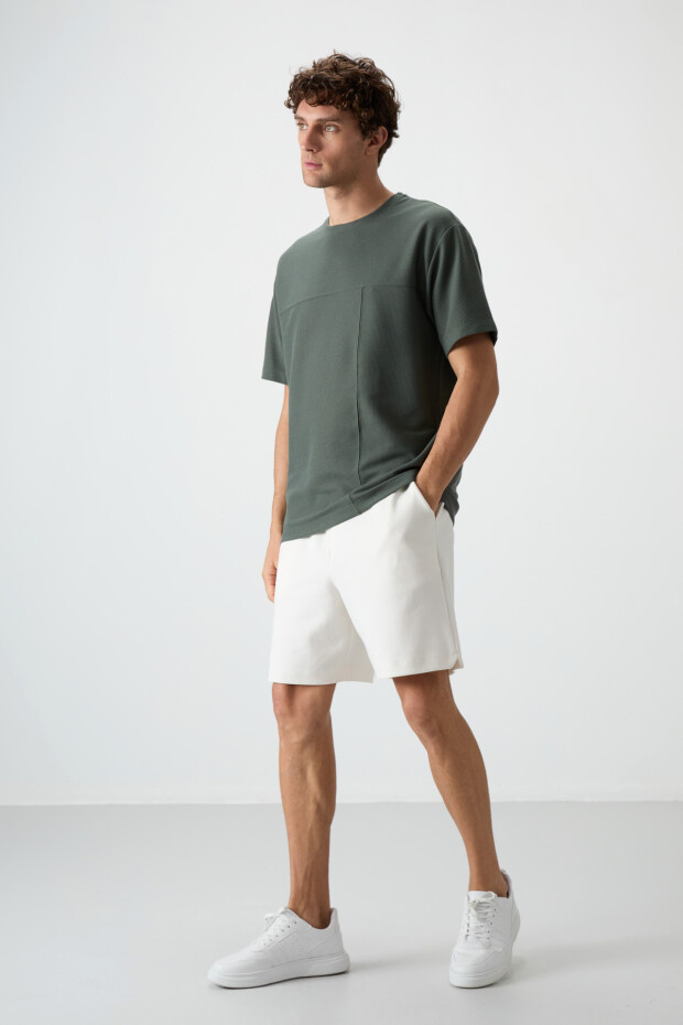 Haki Waffle İnterlok Yüzeyi Dokulu Oversize Fit Basic Erkek T-Shirt - 88380 - 3