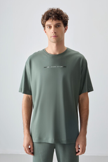 Haki %100 Pamuk Kalın Yumuşak Dokulu Oversize Fit Baskılı Erkek T-Shirt - 88358 