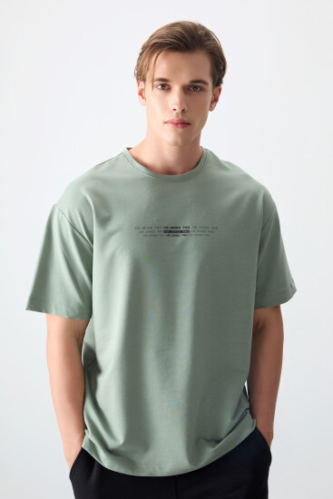Açık Yeşil Pamuklu Kalın Yumuşak Dokulu Oversize Fit Baskılı Erkek T-Shirt -88374 