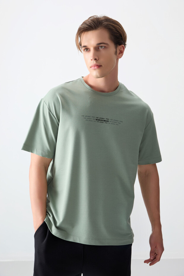 Açık Yeşil Pamuklu Kalın Yumuşak Dokulu Oversize Fit Baskılı Erkek T-Shirt -88374
