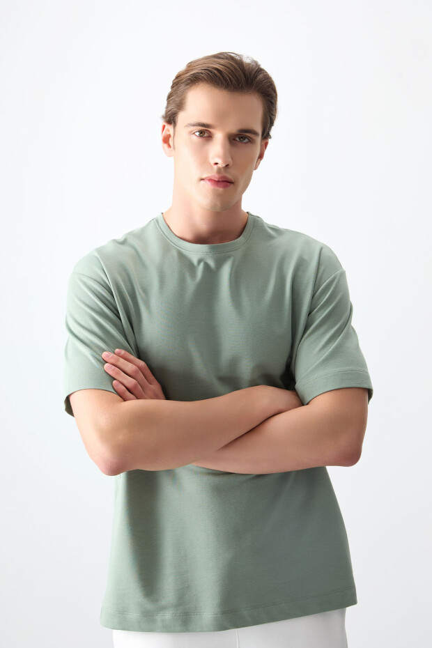 Açık Yeşil Pamuklu Kalın Yumuşak Dokulu Oversize Fit Basic Erkek T-Shirt - 88377 - 5