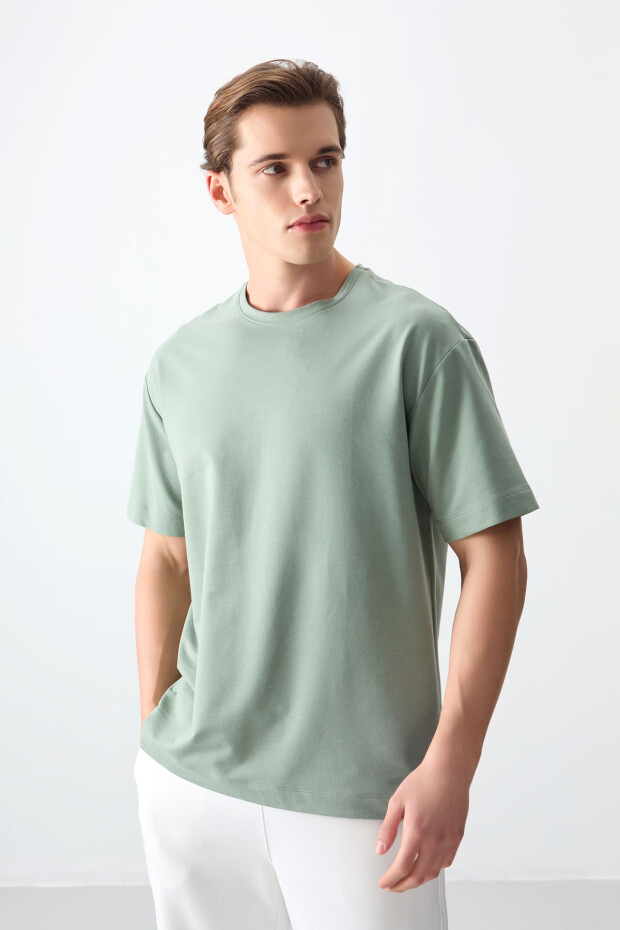 Açık Yeşil Pamuklu Kalın Yumuşak Dokulu Oversize Fit Basic Erkek T-Shirt - 88377 - 2