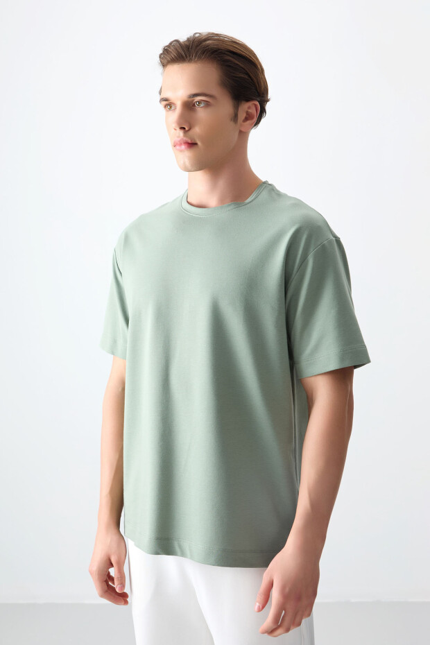 Açık Yeşil Pamuklu Kalın Yumuşak Dokulu Oversize Fit Basic Erkek T-Shirt - 88377 - 6
