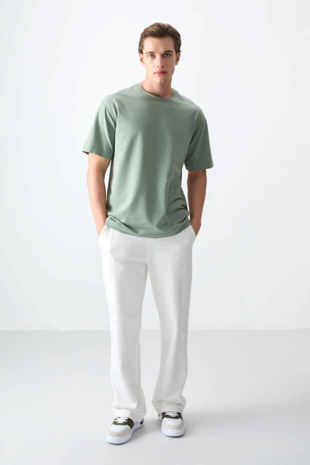 Açık Yeşil Pamuklu Kalın Yumuşak Dokulu Oversize Fit Basic Erkek T-Shirt - 88377 - 7