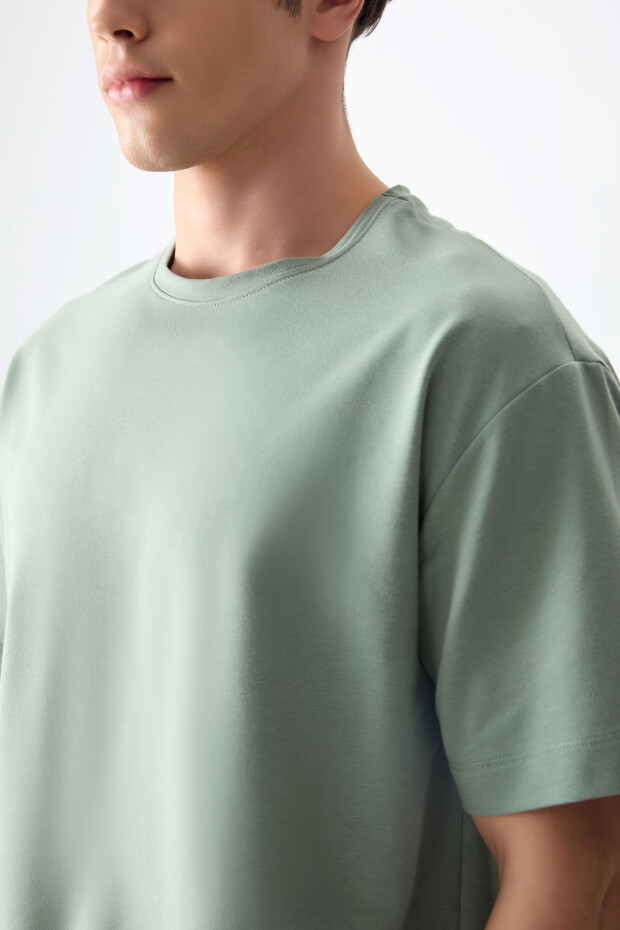 Açık Yeşil Pamuklu Kalın Yumuşak Dokulu Oversize Fit Basic Erkek T-Shirt - 88377 - 4