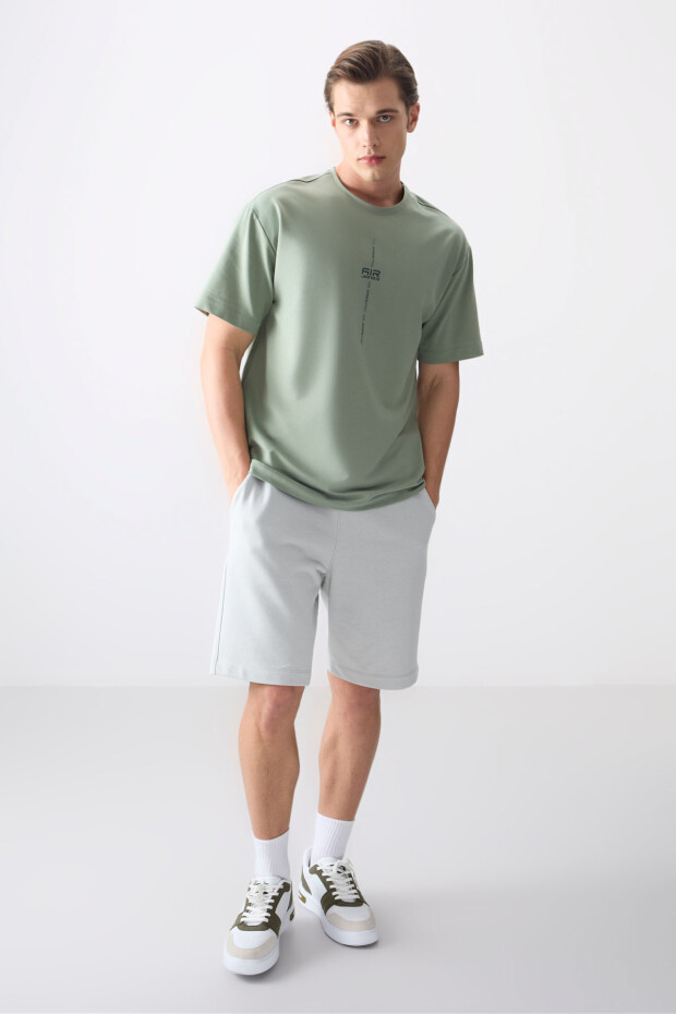 Açık Yeşil Pamuklu Kalın Yumuşak Dokulu Oversize Fit Baskılı Erkek T-Shirt - 88373 - 3