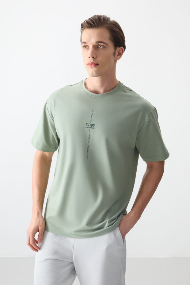 Açık Yeşil Pamuklu Kalın Yumuşak Dokulu Oversize Fit Baskılı Erkek T-Shirt - 88373 - 4