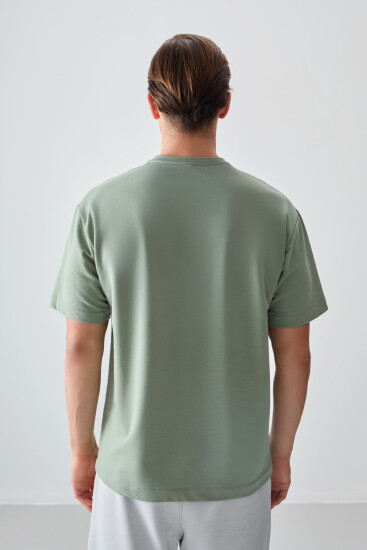 Açık Yeşil Pamuklu Kalın Yumuşak Dokulu Oversize Fit Baskılı Erkek T-Shirt - 88373 - Thumbnail