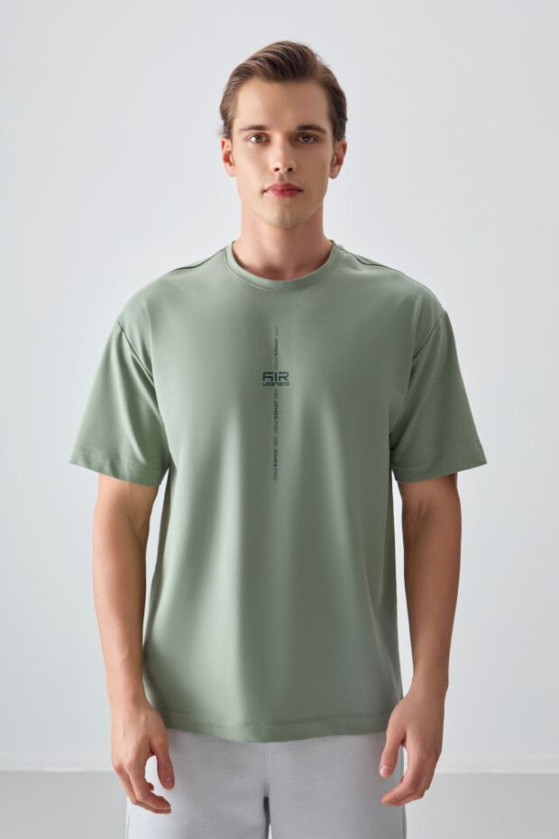 Açık Yeşil Pamuklu Kalın Yumuşak Dokulu Oversize Fit Baskılı Erkek T-Shirt - 88373