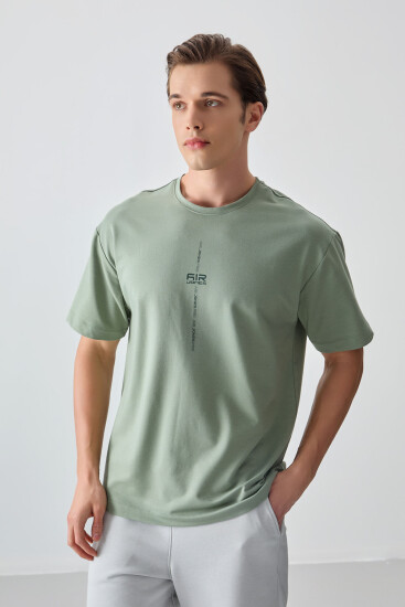 Açık Yeşil Pamuklu Kalın Yumuşak Dokulu Oversize Fit Baskılı Erkek T-Shirt - 88373 - Thumbnail