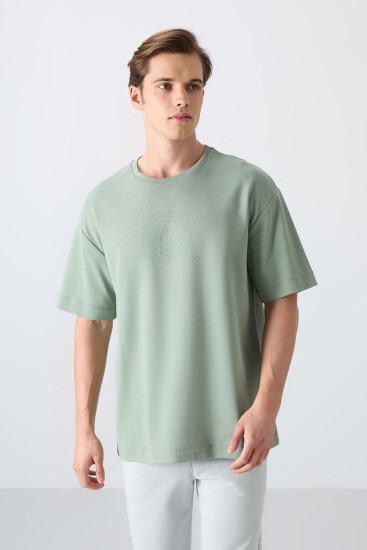 Açık Yeşil Pamuklu Kalın Yumuşak Dokulu Oversize Fit Baskılı Erkek T-Shirt - 88324 