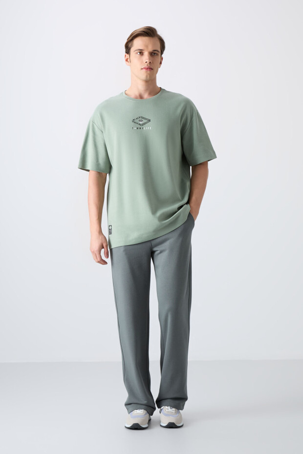 Açık Yeşil Pamuklu Kalın Yumuşak Dokulu Oversize Fit Baskılı Erkek T-Shirt - 88325