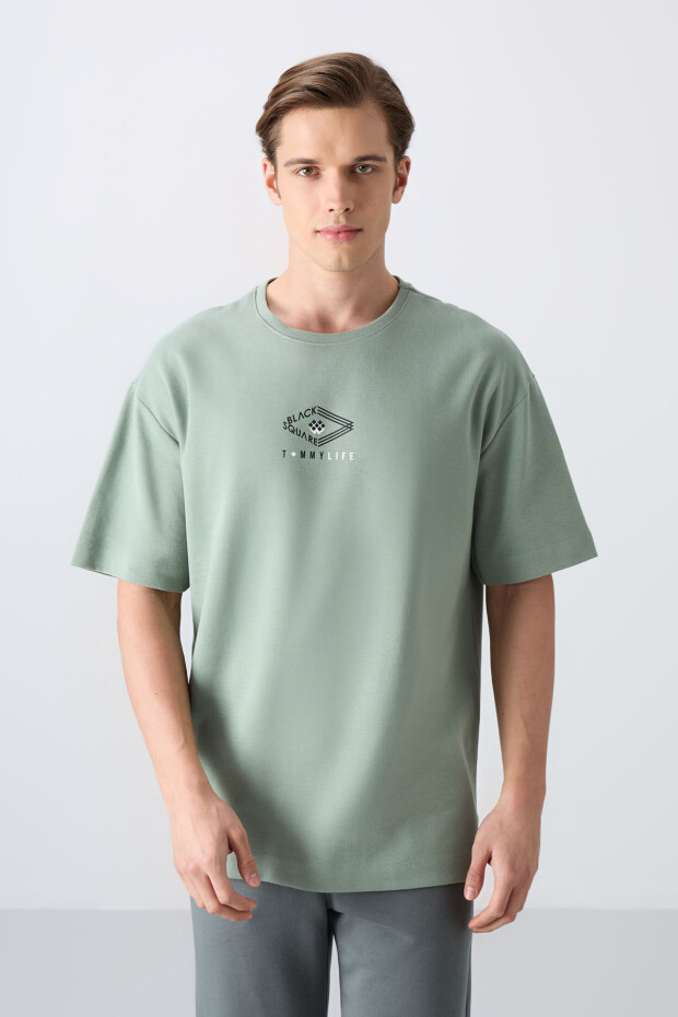 Açık Yeşil Pamuklu Kalın Yumuşak Dokulu Oversize Fit Baskılı Erkek T-Shirt - 88325