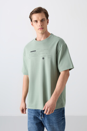 Açık Yeşil Pamuk Kalın Yumuşak Dokulu Oversize Fit Baskılı Erkek T-Shirt - 88326 
