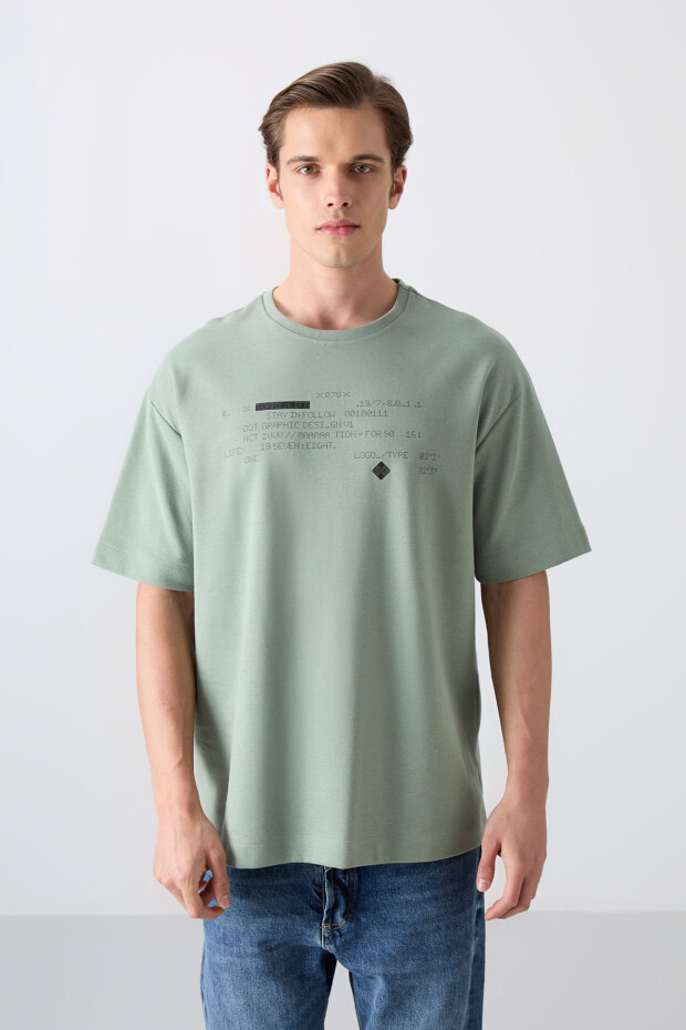 Açık Yeşil Pamuk Kalın Yumuşak Dokulu Oversize Fit Baskılı Erkek T-Shirt - 88326