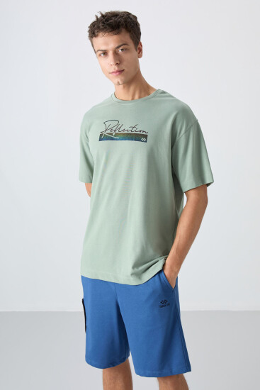 Açık Yeşil Pamuklu Kalın Yumuşak Dokulu Oversize Fit Baskılı Erkek T-Shirt - 88334 