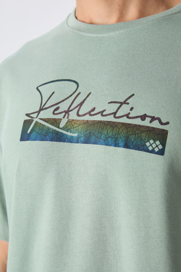 Açık Yeşil Pamuklu Kalın Yumuşak Dokulu Oversize Fit Baskılı Erkek T-Shirt - 88334 - 3