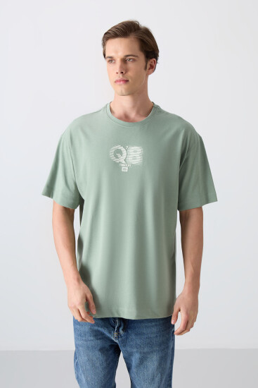 Açık Yeşil Pamuklu Kalın Yumuşak Dokulu Oversize Fit Baskılı Erkek T-Shirt - 88333 