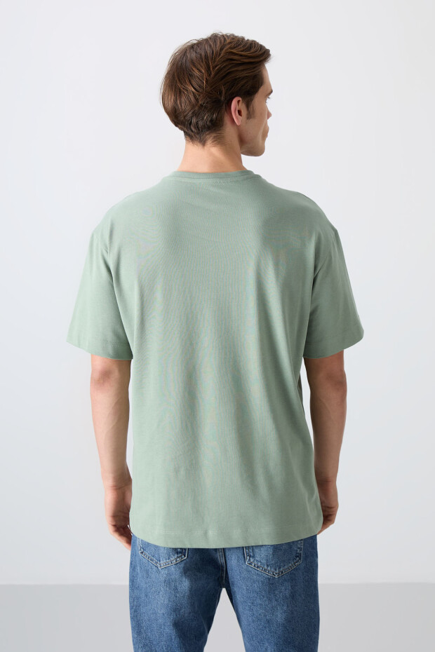 Açık Yeşil Pamuklu Kalın Yumuşak Dokulu Oversize Fit Baskılı Erkek T-Shirt - 88333 - 5