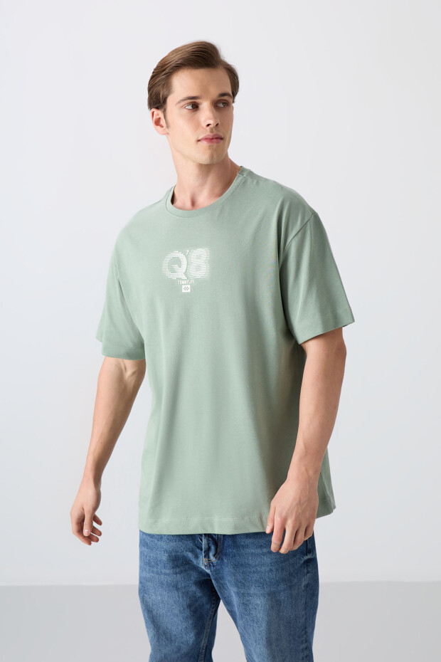 Açık Yeşil Pamuklu Kalın Yumuşak Dokulu Oversize Fit Baskılı Erkek T-Shirt - 88333 - 4